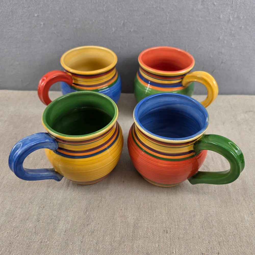 Set of 4 Pacific Rim China Handpainted Striped Mugs Multi Color Stoneware 4.5"